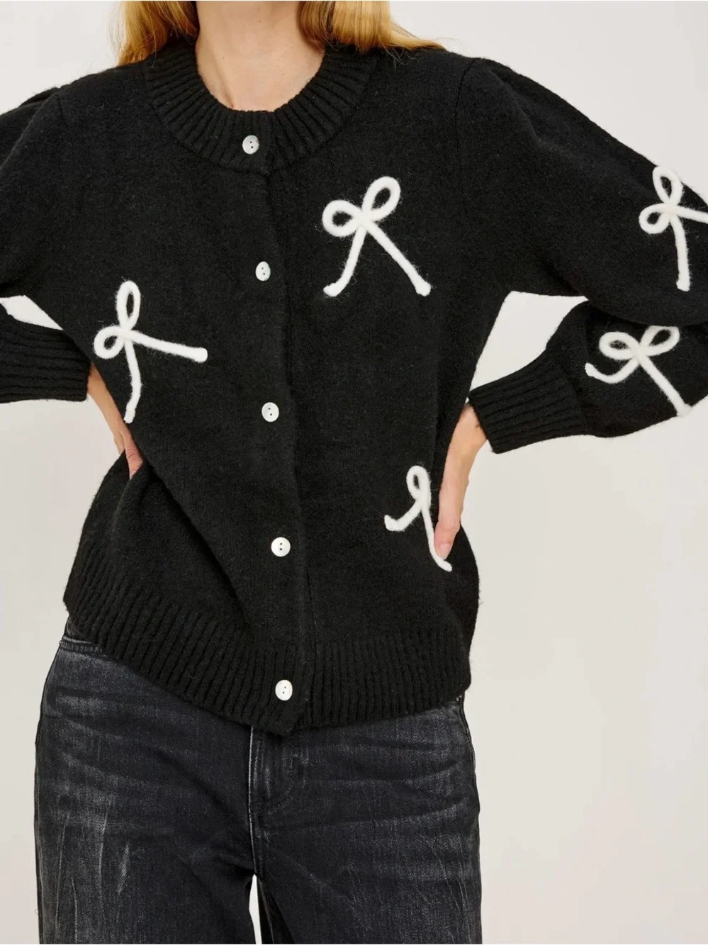 Rails Black Cardigan Sweater with White Bow Accents